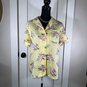 VINTAGE 100% Linen Lauren Ralph Lauren Floral Yellow Button Down Short Sleeve